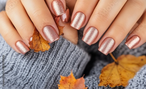 Elegant autumn manicure with glitter polish and cozy sweater among fallen leaves