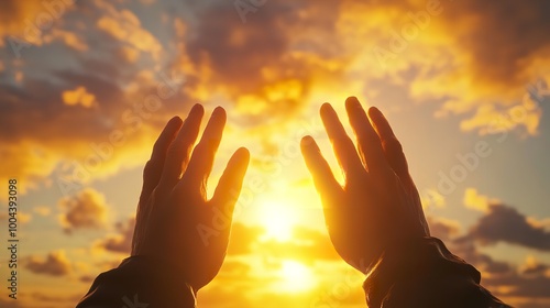 Prayer Raises His Hands to Sunshine or Sunset - Christmas