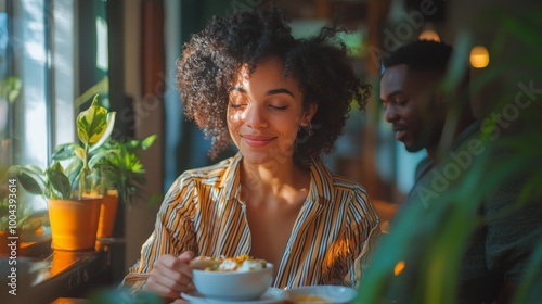 Friends enjoying brunch together at a cozy cafe with fresh food and drinks