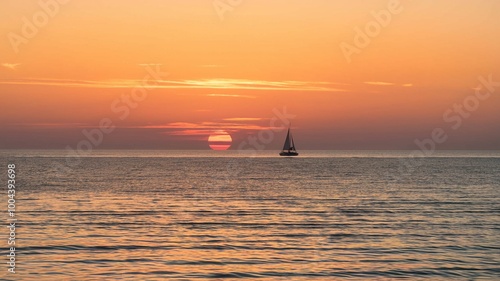 Sunset with a distant sailboat on a calm ocean