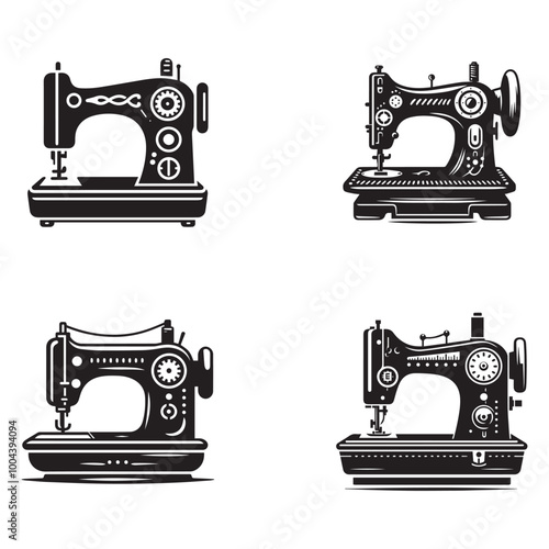 Minimalist black and white set of sewing machine silhouette. Vector illustration