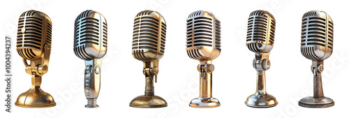 Retro vintage microphones in metallic finish isolated on transparent background
