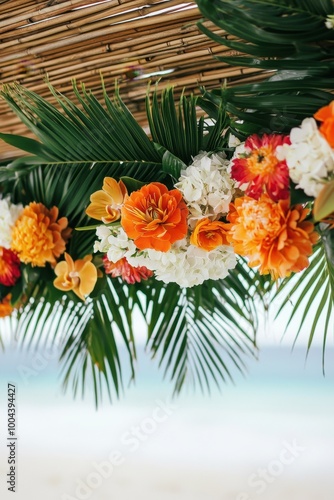 Wallpaper Mural Vibrant tropical flowers and palm leaves hanging on a beachside structure, creating a serene, colorful atmosphere. Torontodigital.ca