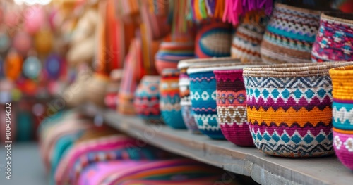 Colorful Handcrafted Pottery Displayed at a Market Stall in a Vibrant Artisan...