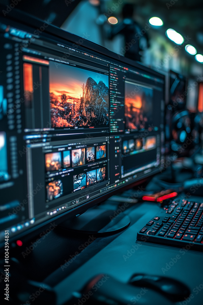 A large computer screen with a video editing software open on screen A large computer screen with a video editing software open on screen
