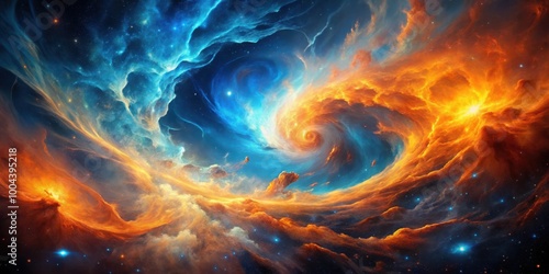 Vibrant blue and orange abstract nebula swirling in cosmic space background