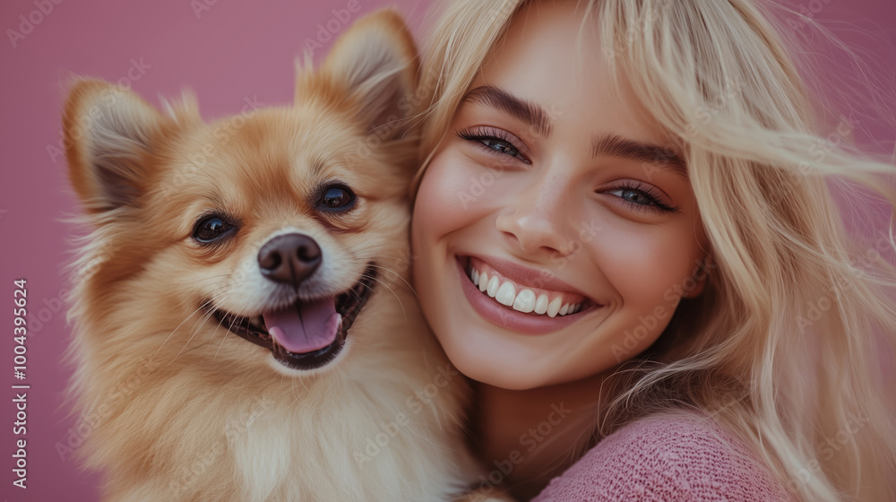 A beautiful blonde woman smiling with her Pomeranian dog A beautiful blonde woman smiling with her Pomeranian dog