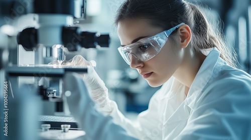 A focused female researcher examines samples through a microscope in a modern laboratory setting during daytime hours