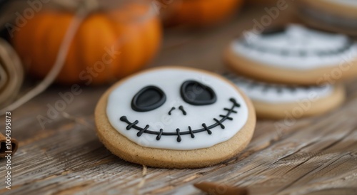 Halloween Pumpkin Cookie Decorated With Black Eyes and Stitching on Rustic Wo...