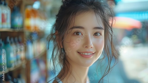 Health skin care, beauty smile asian young woman, girl hand applying, putting moisturizer on her arm, shoulder after shower bath at home.