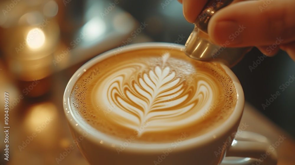 Barista making latte art in a trendy coffee shop, focus on the intricate design in the coffee foam Barista making latte art in a trendy coffee shop, focus on the intricate design in the coffee foam