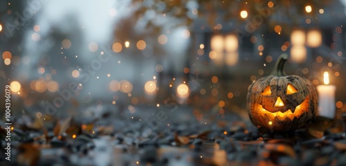 Glowing Jack-O-Lantern on Rainy Halloween Night in a Cobblestone Street