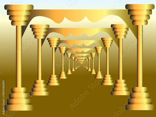 hall with golden marble columns and shining light ahead. classical roman and Greek architecture Corridor, corridor Pillar Free Vector