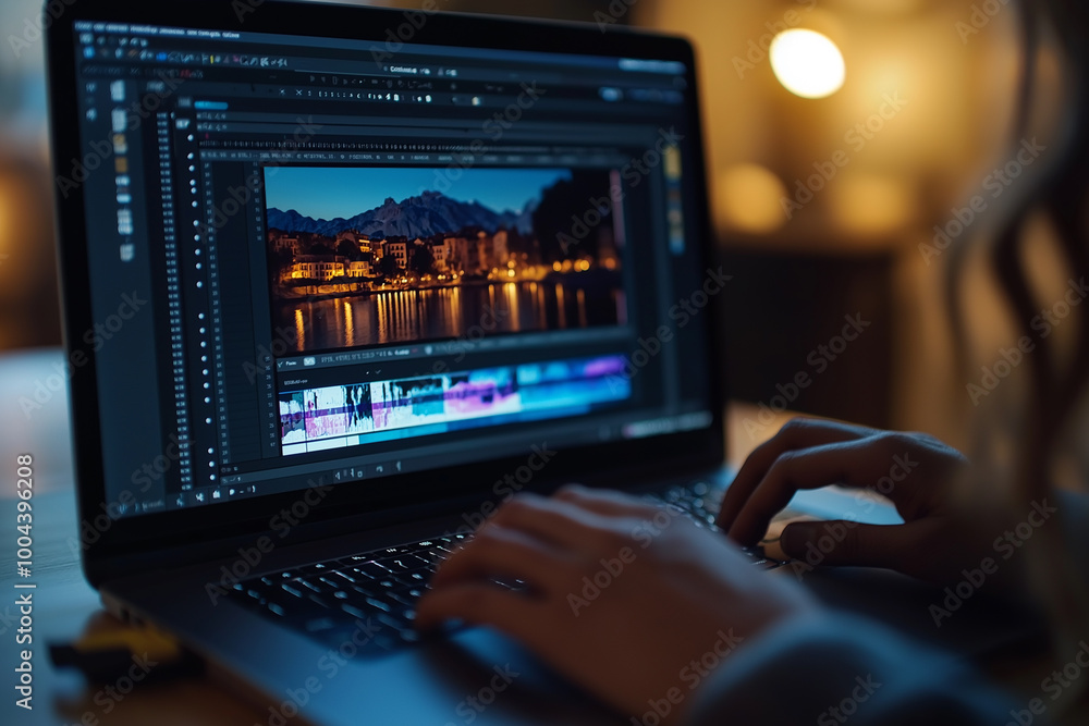 Close up of two hands are typing on a gray laptop. There's a video editing interface on the screen Close up of two hands are typing on a gray laptop. There's a video editing interface on the screen