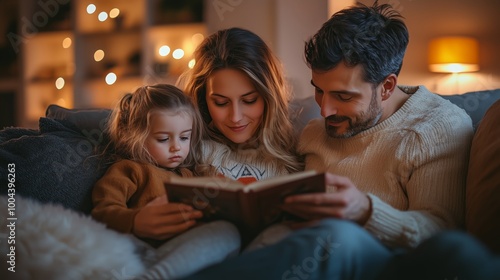 Cozy family evening at home, parents reading stories to kids on the couch