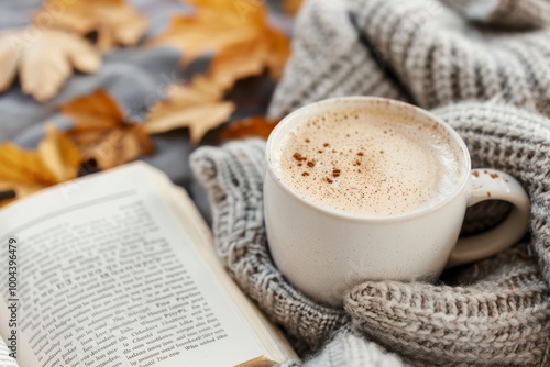 Cozy Autumn Afternoon With Warm Drink, Book, And Fallen Leaves