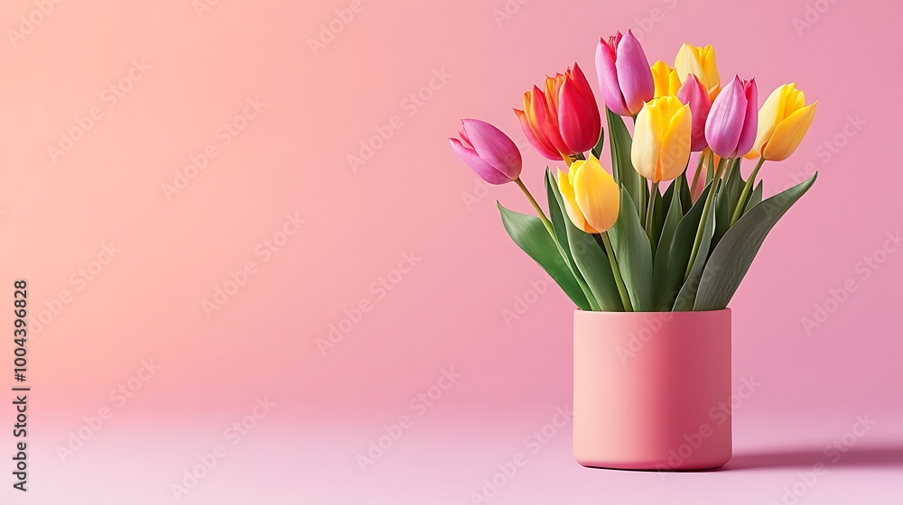 Colorful Tulips in a Pink Vase on a Soft Pink Background Colorful Tulips in a Pink Vase on a Soft Pink Background