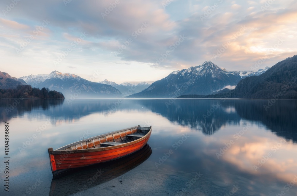 Rowboat on a Foggy Lake With Mountain Reflections Rowboat on a Foggy Lake With Mountain Reflections