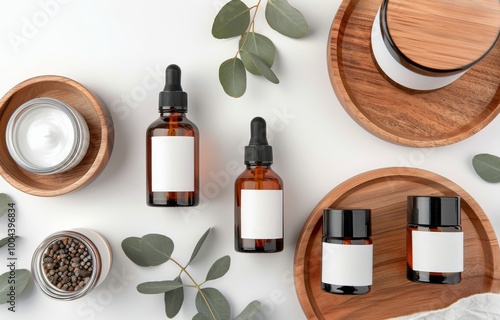 Essential Oil Bottles and Cream on Wooden Trays