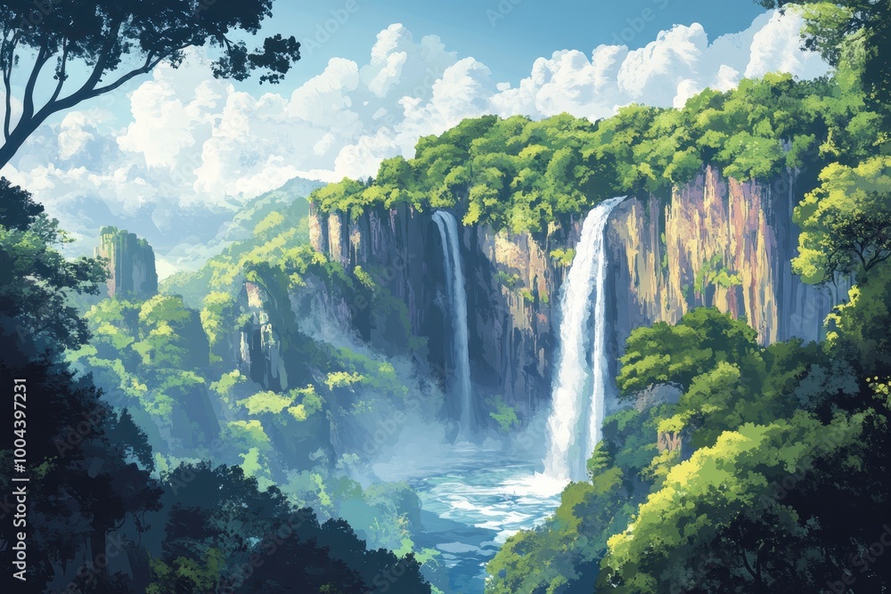 Naklejka premium Majestic Waterfall Cascading Down Cliffside in Lush Green Forest