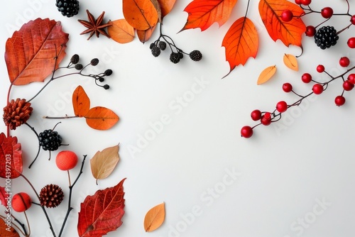 Autumn Leaves and Berries on White Background