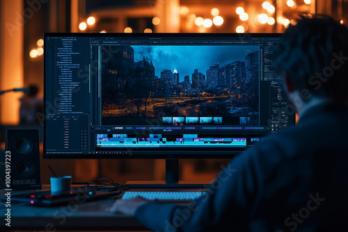 a person is using advanced video editing software on an ultra-wide screen