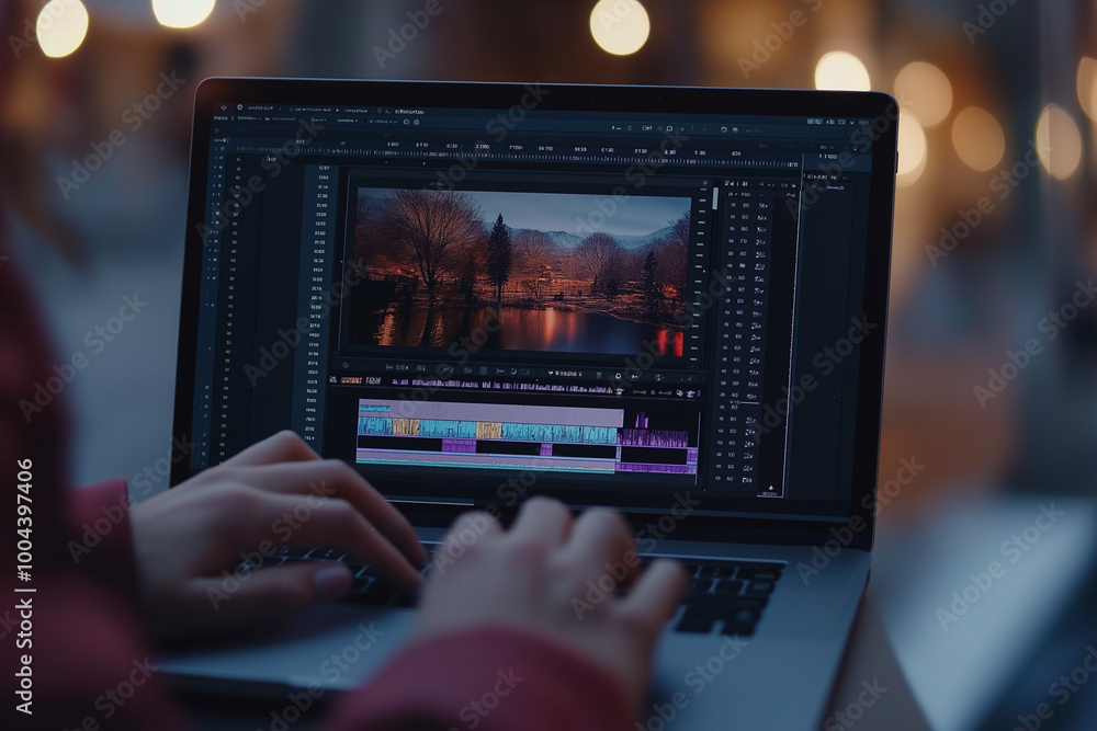 Close up of two hands are typing on a gray laptop. There's a video editing interface on the screen Close up of two hands are typing on a gray laptop. There's a video editing interface on the screen