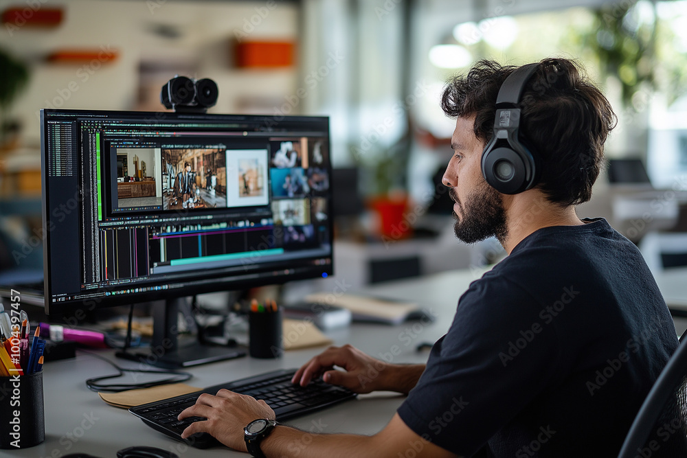 In a modern office, talented professional video editors are dedicated to fine-tuning high-quality video content for marketing campaigns In a modern office, talented professional video editors are dedicated to fine-tuning high-quality video content for marketing campaigns