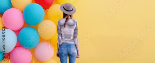Girl in Straw Hat Enjoys Colorful Balloons at a Summer Celebration Outdoors
