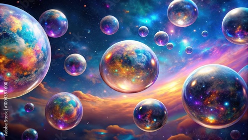 Surreal floating holographic spheres art in outer space with mind-blowing concept