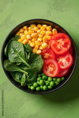 Fresh vegetable salad with cherry tomatoes, spinach, peas, and corn against a...