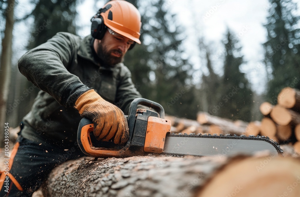 Person cuts through a log with a chainsaw in a forest during daylight Person cuts through a log with a chainsaw in a forest during daylight