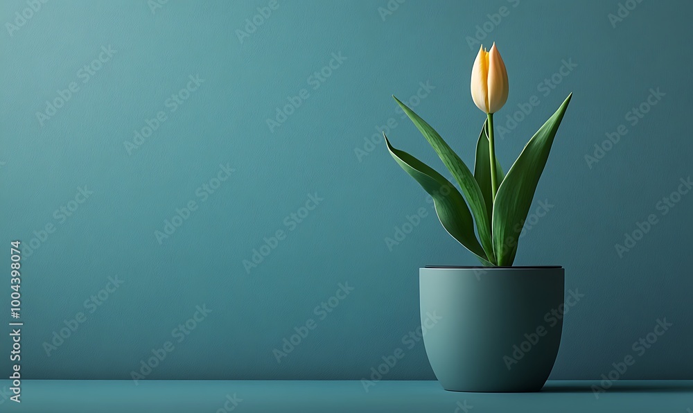 Single Yellow Tulip in a Teal Pot Against a Teal Wall Single Yellow Tulip in a Teal Pot Against a Teal Wall