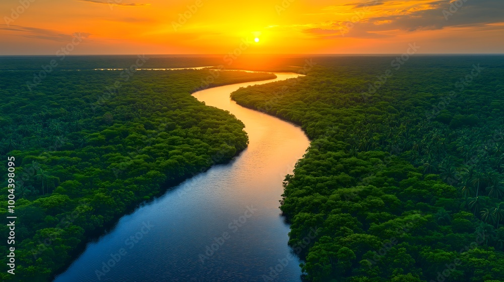 Fototapeta premium aerial view of winding river flowing through dense lush green tropical forest