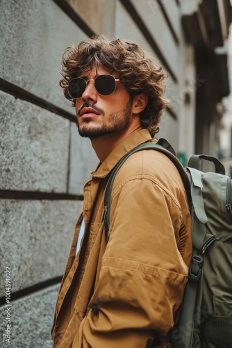 Young man with curly hair explores a narrow street in an old town during daytime