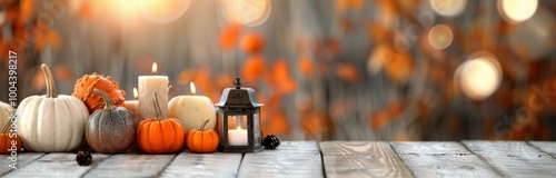 Autumn Table With Pumpkins and Lanterns