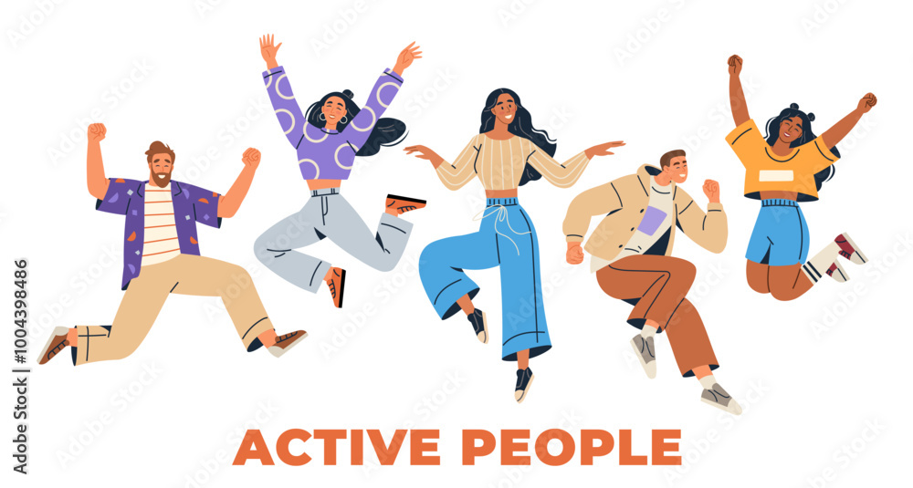 A group of five diverse people jumping in joy. Ideal for themes of celebration, diversity, unity, energy, and positivity. Modern, vibrant, dynamic A group of five diverse people jumping in joy. Ideal for themes of celebration, diversity, unity, energy, and positivity. Modern, vibrant, dynamic