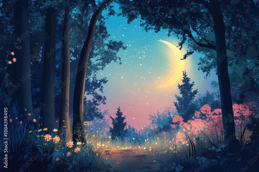 Obraz premium Moonlit Forest Path with Blooming Flowers and a Crescent Moon