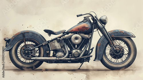 An old motorcycle. Original vector illustration in vintage style. photo