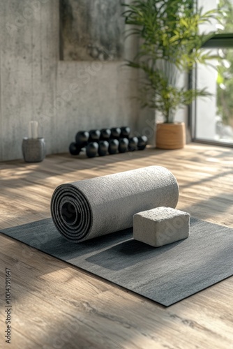 Yoga mats and dumbbells arranged by a sunlit window with indoor plants
