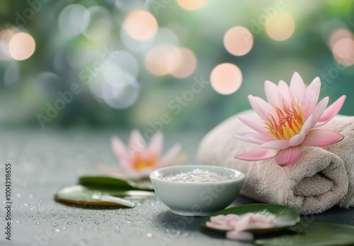 Relaxing Spa Setting With Cream, Towel, and Water Lily Under Soft Natural Light