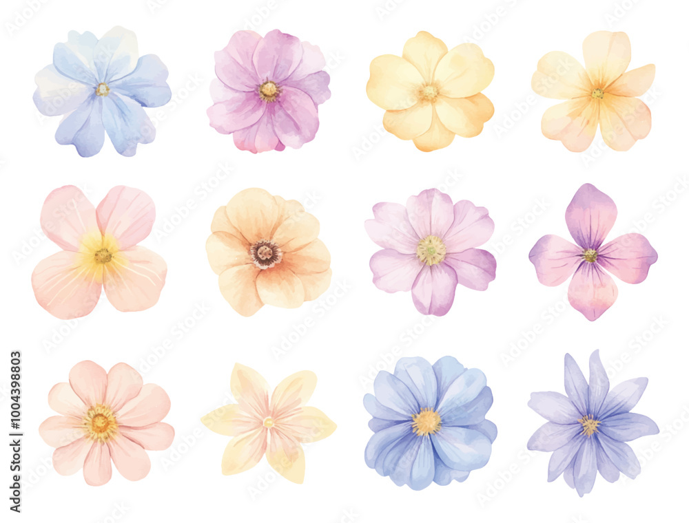 Obraz premium Watercolor clipart of various flowers in pastel colors