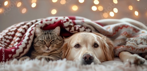 Cozy Cat and Dog Cuddling Under a Blanket With Holiday Lights in the Background