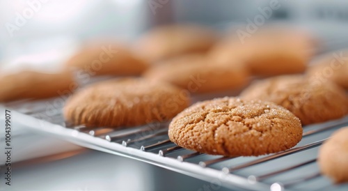 Freshly Baked Cookies Cooling on a Wire Rack in a Cozy Kitchen