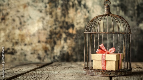 Vintage Gift Box Encaged in an Antique Birdcage photo