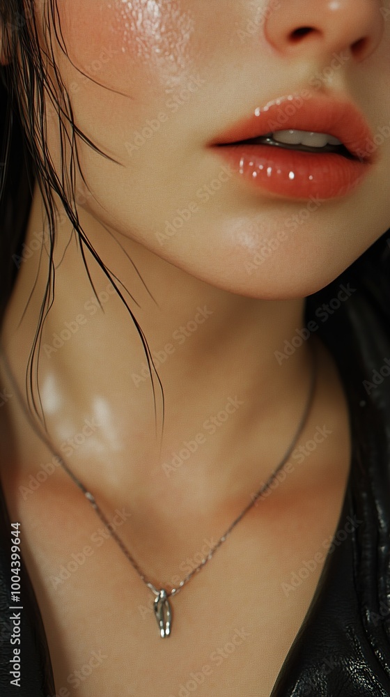 Close Up Portrait of a Woman with Glossy Lips and a Delicate Necklace Close Up Portrait of a Woman with Glossy Lips and a Delicate Necklace