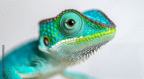Colorful lizard close-up with intricate patterns and bright hues on a neutral...