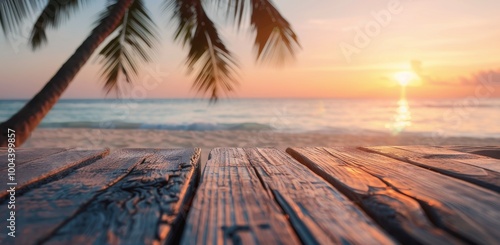 Sunset Over Sandy Beach With Palm Tree and Wooden Deck