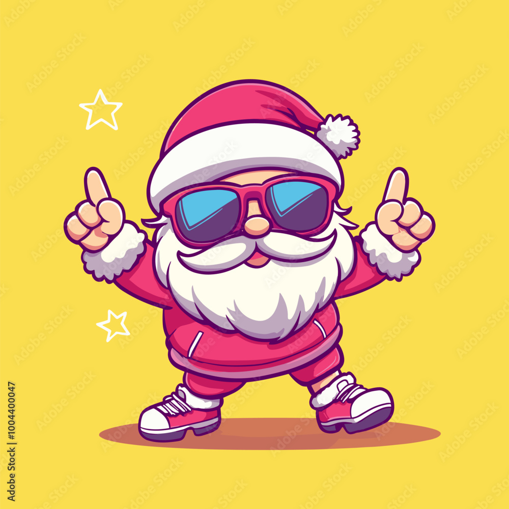 Obraz premium vector drawing of Santa Claus in sunglasses with victory gesture on yellow background .Generative AI