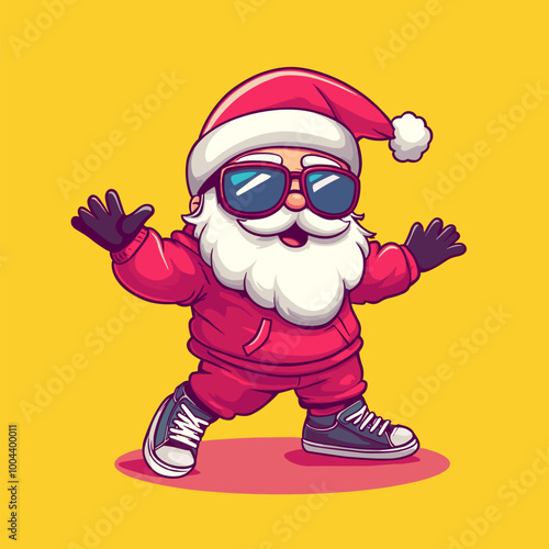 vector drawing of Santa Claus in sunglasses with victory gesture on yellow background .Generative AI
